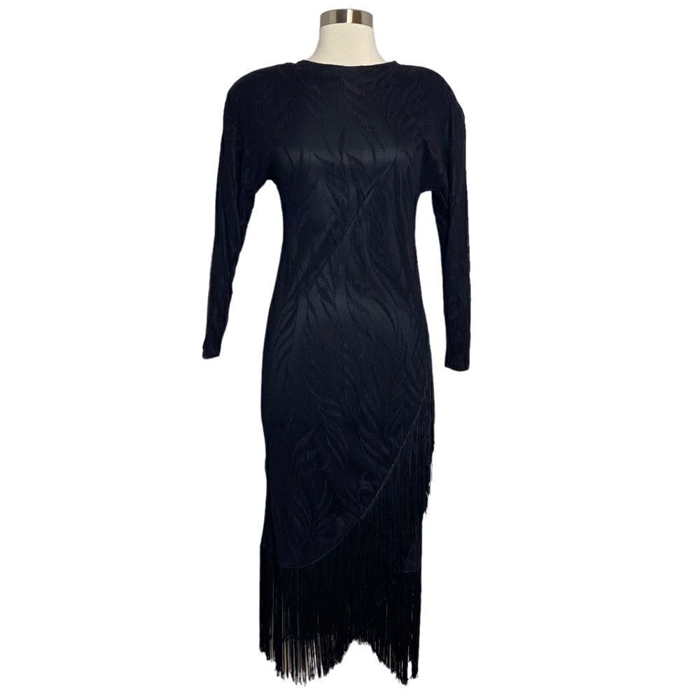 Vintage Black Fringe Open Back Cocktail Dress 11/12